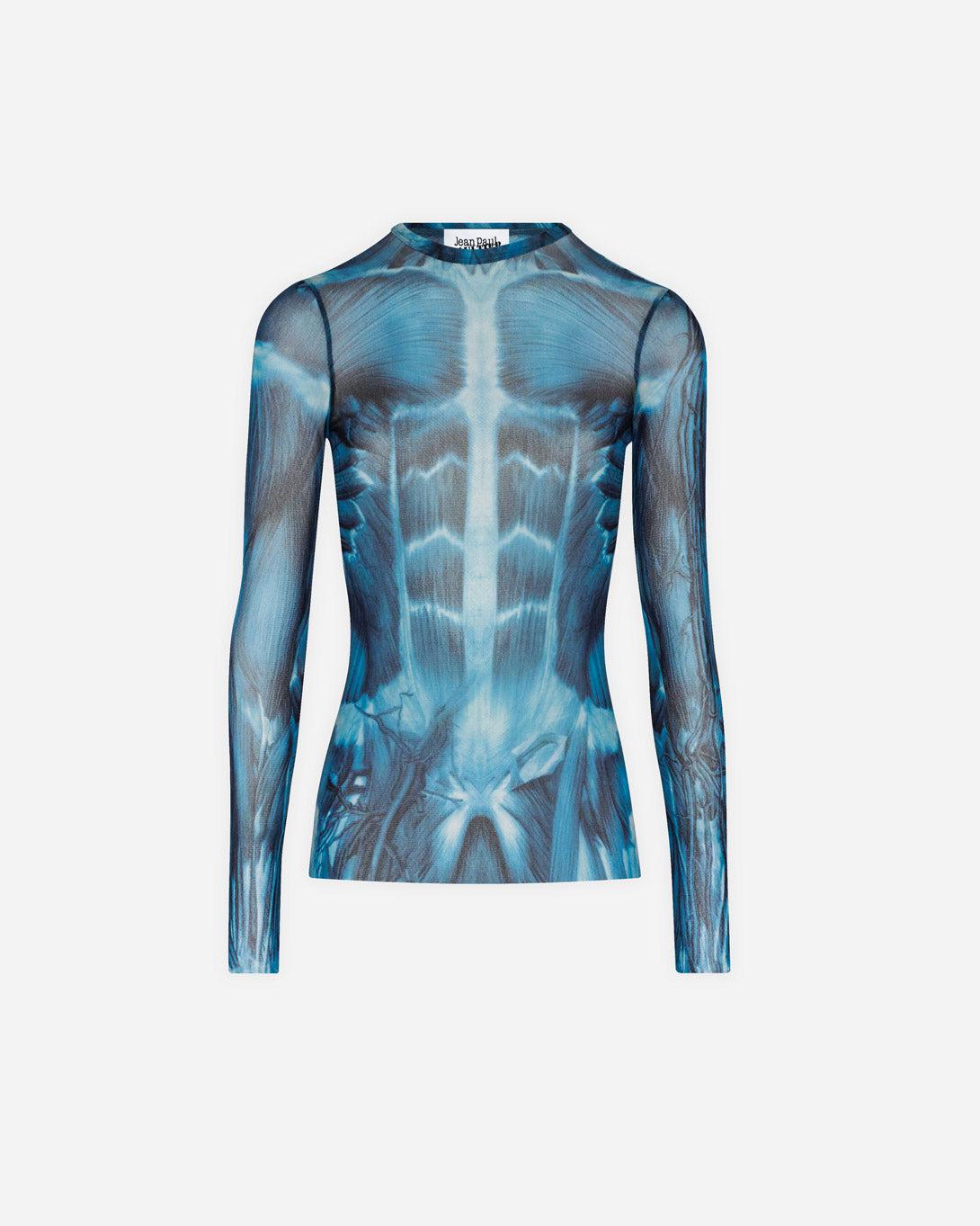 Blue Mesh Longsleeve Top Printed "Ecorche" - Tops - Jean Paul Gaultier - Elevastor