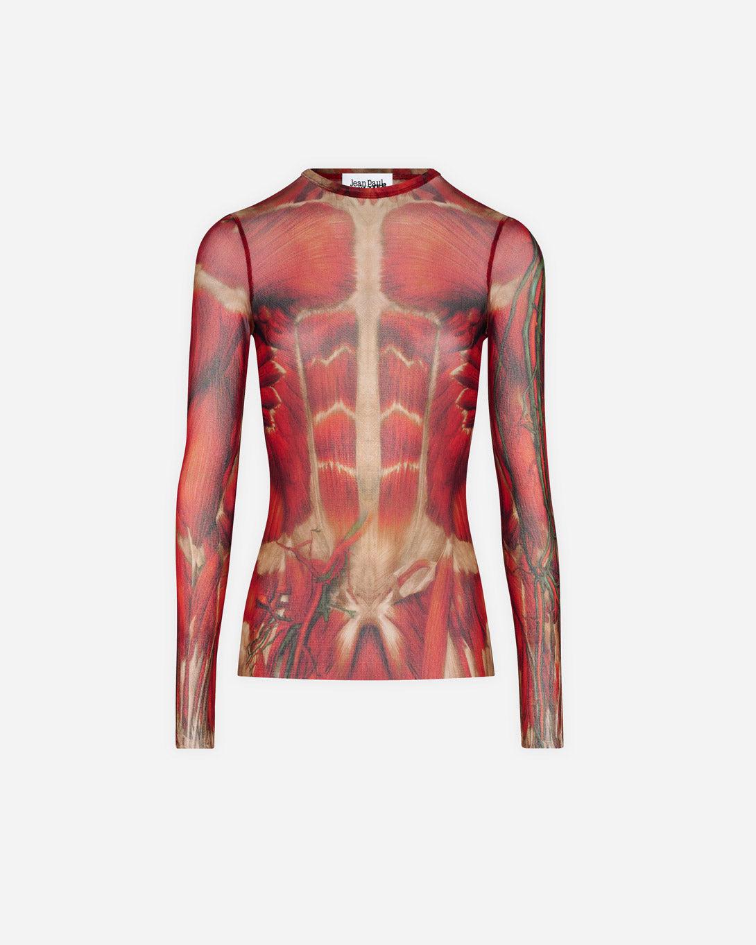 Mesh Longsleeve Top Printed "Ecorche" - Tops - Jean Paul Gaultier - Elevastor