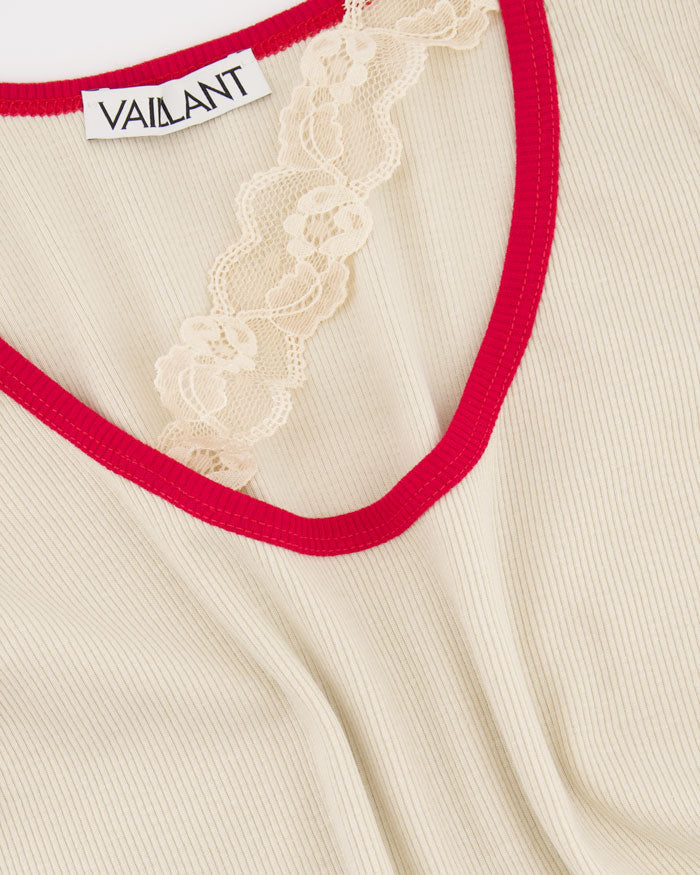 Ribbed Tank Top With Lace Trim Neckline